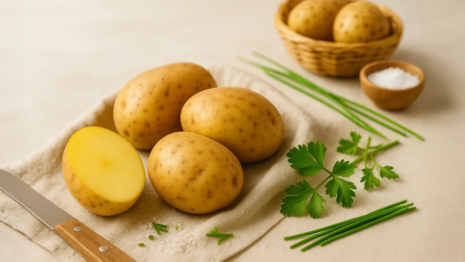 Frische Kartoffeln auf Leinentuch mit Schnittlauch, grobem Salz und Messer – gesundes Naturprodukt für die Verarbeitung bei Hofbeck