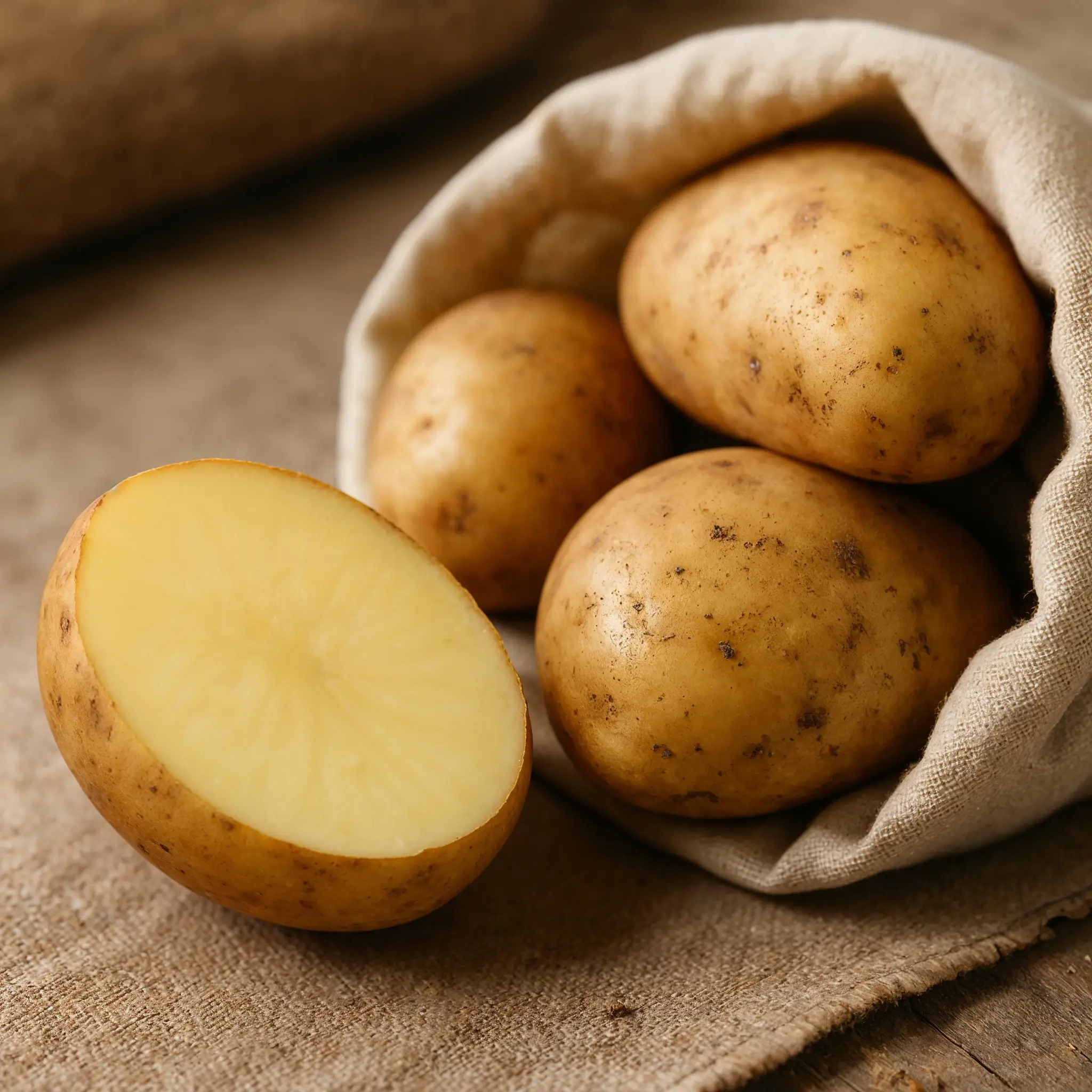 Frische Erdäpfel in Leinenbeutel, einer angeschnitten – Nahaufnahme auf Naturstoffuntergrund, natürliches Licht