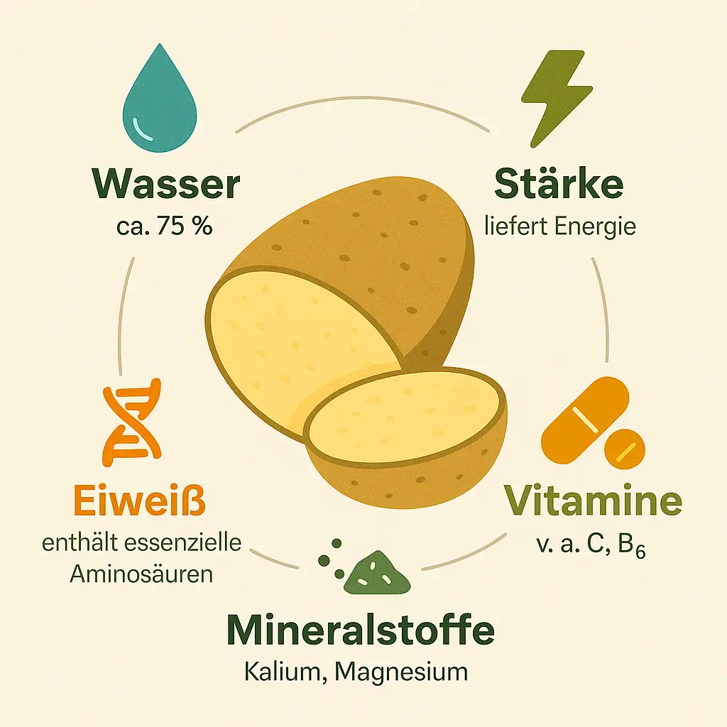 Infografik mit aufgeschnittener Kartoffel (Erdapfel) und fünf Nährstoff-Icons: Wasser, Stärke, Eiweiß, Vitamine und Mineralstoffe